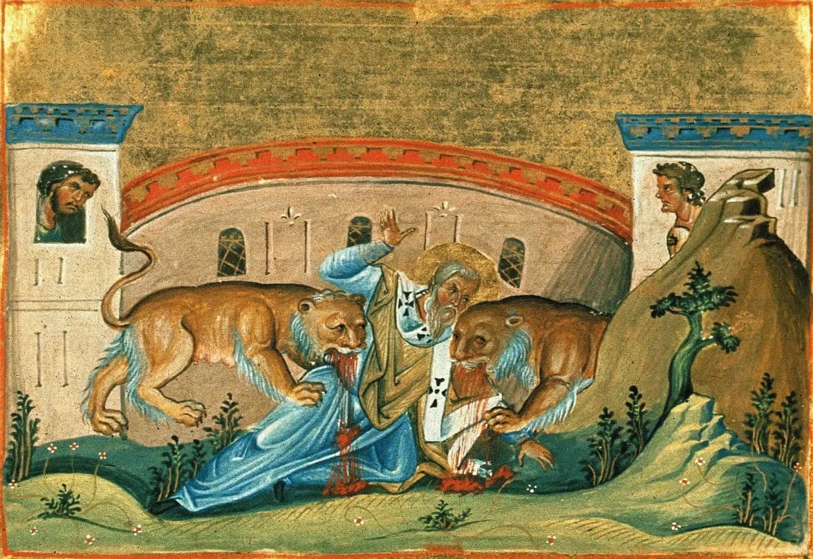 The martyrdom of Ignatius, miniature from the Menologion of Basil II (c. 1000, Vatican Library)