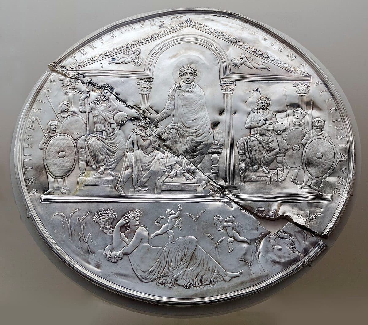 The Missorium of Theodosius, a silver dish of 388 showing the emperor (Madrid)