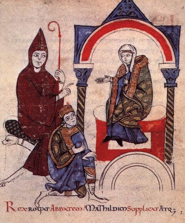 Henry IV kneeling before Matilda of Tuscany and Abbot Hugh, from the Life of Matilda (1115, Vatican Library)