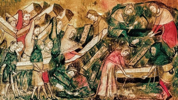 The burial of plague victims at Tournai, miniature of c. 1353 (Royal Library, Brussels)