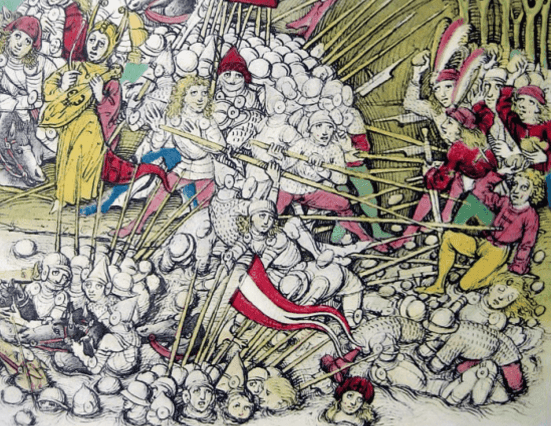 The Battle of Sempach or Morgarten, from a Swiss illustrated chronicle (15th century)