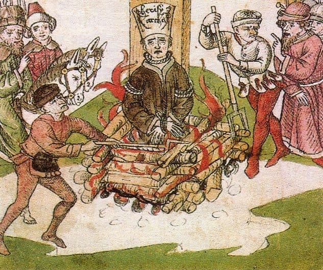 Hus led to the stake, from the Richental Chronicle (c. 1465)