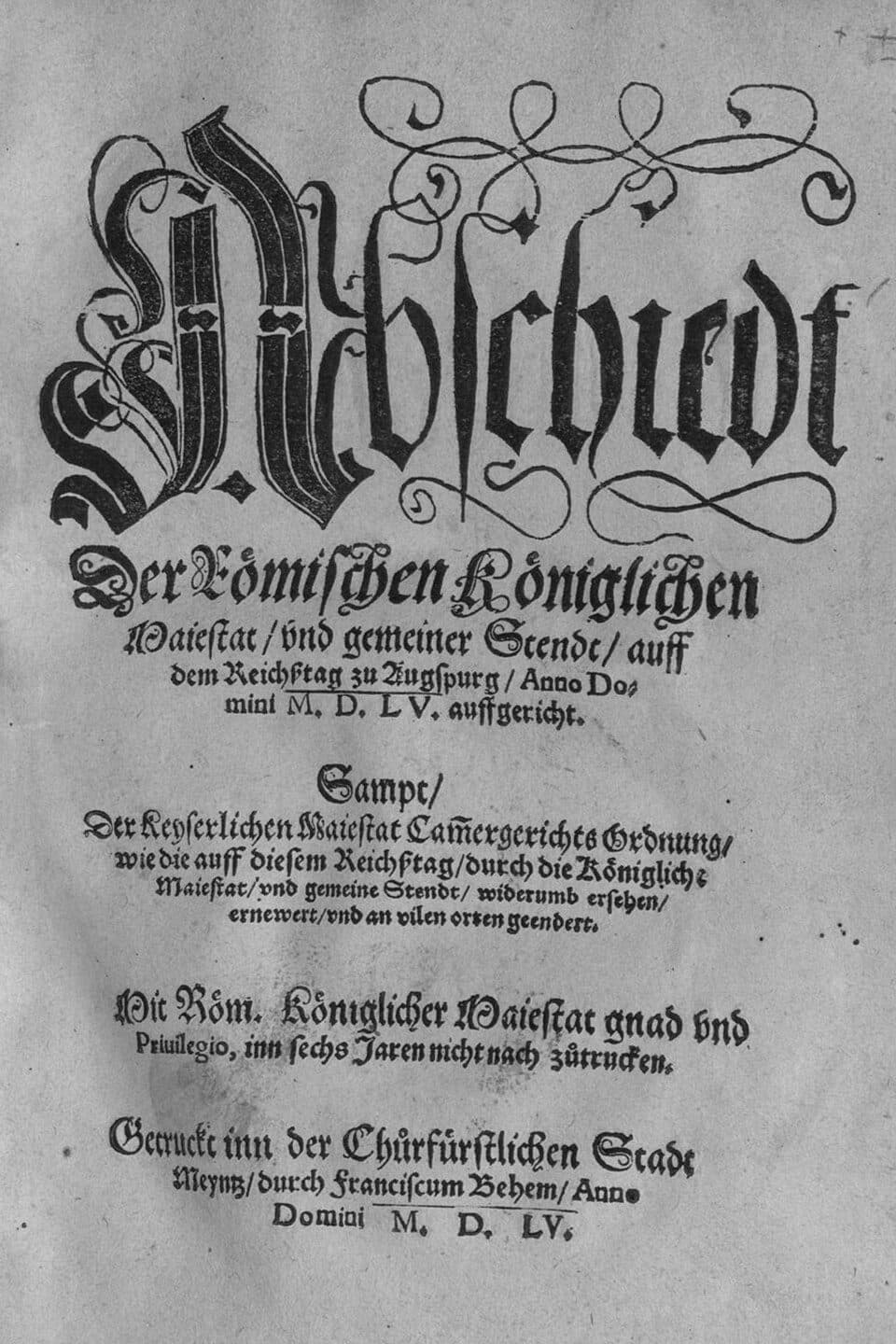 Title page of the printed Peace of Augsburg (1555)