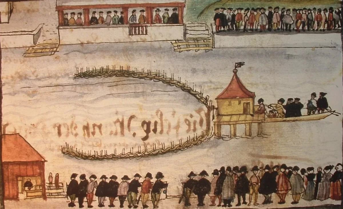 The drowning of Felix Manz, from an illustrated copy of Bullinger's history of the Reformation (1605)