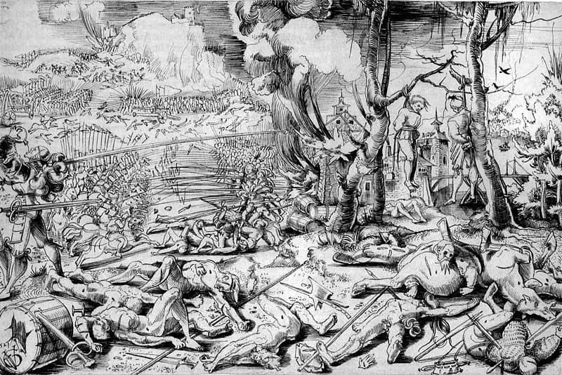 Urs Graf's drawing of a battlefield (1521, Basel)
