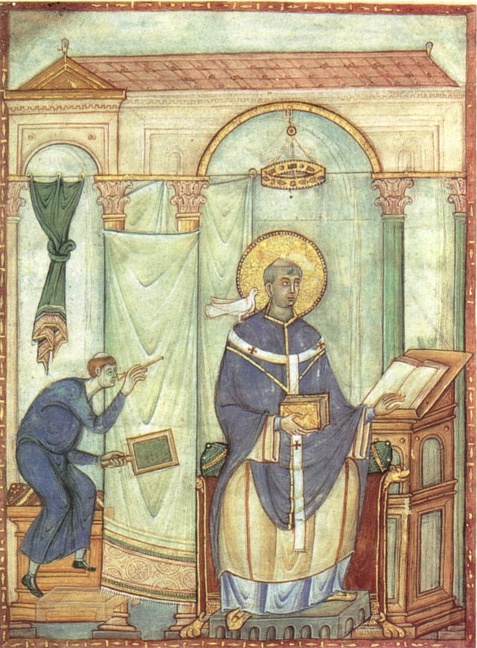 Gregory I writing, with the dove at his ear, from the Registrum Gregorii (c. 983, Trier)